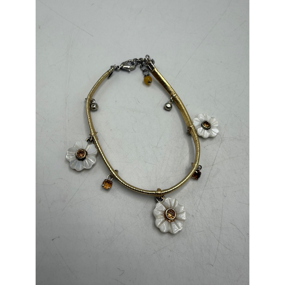 Vintage White Flower Charm Bracelet Gold Cord Amber Crystal Accents Adjustable